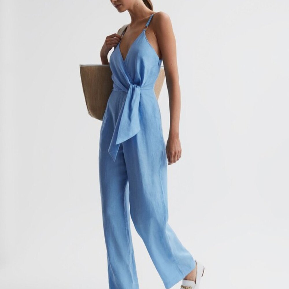 NEW REISS Blue Emily Linen Side Tie Jumpsuit Size 8